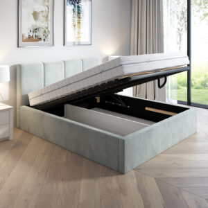 Łóżko tapicerowane 140x200 SENS + Stelaż metalowy, Jasny szary, Pojemnik
